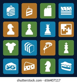 Piece icons set. set of 16 piece filled icons such as cheese, baby onesie, piece of cake, pizza, bread slices, chess king, chess horse, puzzle, pawn