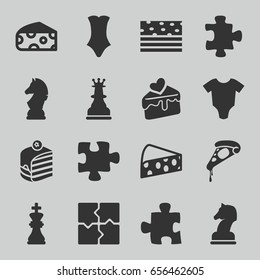 Piece icons set. set of 16 piece filled icons such as cheese, baby onesie, puzzle, swimsuit, pizza, piece of cake, cake slice, chess king, chess horse