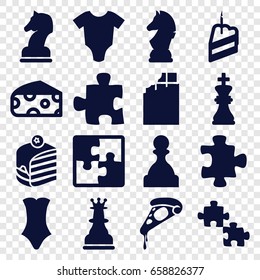 Piece icons set. set of 16 piece filled icons such as cheese, baby onesie, puzzle, swimsuit, pizza, piece of cake, chess king, chess horse, horse chess, pawn