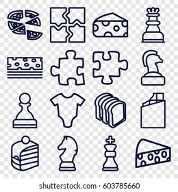 Piece icons set. set of 16 piece outline icons such as cheese, baby onesie, puzzle, piece of cake, pizza, bread slices, chess king, chess horse, chocolate
