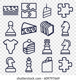 Piece icons set. set of 16 piece outline icons such as baby onesie, puzzle, piece of cake, bread slices, cheese, horse chess, chess king, chess horse, chocolate