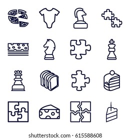 Piece icons set. set of 16 piece outline icons such as cheese, baby onesie, puzzle, piece of cake, pizza, bread slices, chess king