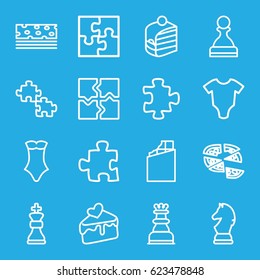 Piece icons set. set of 16 piece outline icons such as baby onesie, puzzle, swimsuit, piece of cake, pizza, cake slice, chess king, chess horse, chocolate