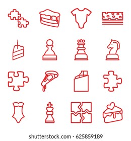 Piece icons set. set of 16 piece outline icons such as baby onesie, puzzle, swimsuit, piece of cake, pizza, cake slice, horse chess, chess king, chocolate