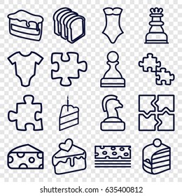 Piece icons set. set of 16 piece outline icons such as cheese, baby onesie, swimsuit, puzzle, piece of cake, bread slices, cake slice, chess king, pawn