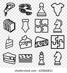 Piece icons set. set of 16 piece outline icons such as baby onesie, swimsuit, puzzle, piece of cake, pizza, bread slices, cake slice, cheese, horse chess, chess king