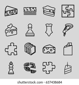 Piece icons set. set of 16 piece outline icons such as cheese, swimsuit, puzzle, piece of cake, pizza, bread slices, cake slice, chess king, chocolate