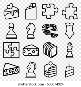 Piece icons set. set of 16 piece outline icons such as cheese, swimsuit, puzzle, piece of cake, pizza, bread slices, cake slice, horse chess, chess king, chess horse