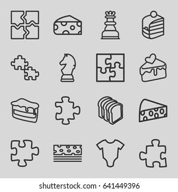 Piece icons set. set of 16 piece outline icons such as cheese, baby onesie, puzzle, piece of cake, bread slices, cake slice, chess king