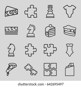 Piece icons set. set of 16 piece outline icons such as baby onesie, puzzle, swimsuit, piece of cake, pizza, cheese, horse chess, chess king, chess horse