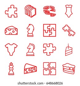 Piece icons set. set of 16 piece outline icons such as cheese, baby onesie, swimsuit, puzzle, piece of cake, pizza, bread slices, horse chess, chess king