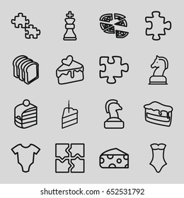 Piece icons set. set of 16 piece outline icons such as cheese, baby onesie, puzzle, swimsuit, piece of cake, pizza, bread slices, cake slice, horse chess, chess king