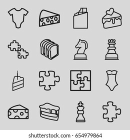 Piece icons set. set of 16 piece outline icons such as cheese, baby onesie, puzzle, swimsuit, piece of cake, bread slices, cake slice, horse chess, chess king