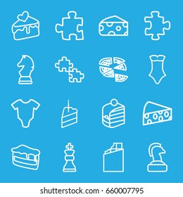 Piece icons set. set of 16 piece outline icons such as cheese, baby onesie, puzzle, swimsuit, piece of cake, pizza, cake slice, chess king, chess horse