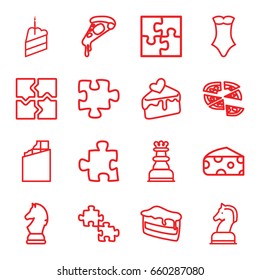 Piece icons set. set of 16 piece outline icons such as cheese, swimsuit, puzzle, piece of cake, pizza, cake slice, horse chess, chess king, chess horse