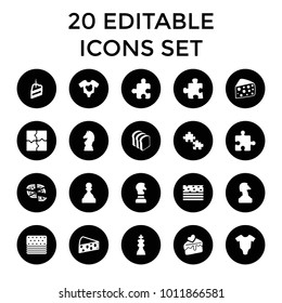 Piece icons. set of 20 editable filled piece icons such as baby onesie, puzzle, chess horse, pizza, bread slices, cake slice. best quality piece elements in trendy style.