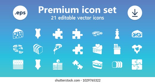 Piece icons. set of 21 editable filled piece icons includes cheese, swimsuit, puzzle, piece of cake, pizza, bread slices, chess king, baby onesie, chocolate