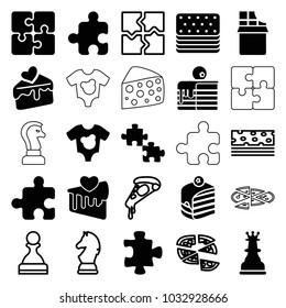 Piece icons. set of 25 editable filled and outline piece icons such as puzzle, piece of cake, cake slice, chess king, pizza, chess horse, pawn, baby onesie, chocolate