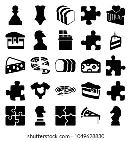 Piece icons. set of 25 editable filled piece icons such as cheese, swimsuit, puzzle, chess horse, piece of cake, pizza, bread slices, pawn, baby onesie, chocolate