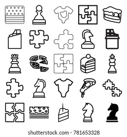 Piece icons. set of 25 editable outline piece icons such as horse chess, baby onesie, puzzle, chocolate, chess horse, piece of cake, pizza, chess king