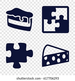 Piece icons set. set of 4 piece filled icons such as puzzle, piece of cake