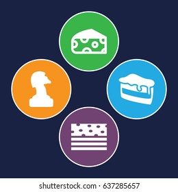 Piece icons set. set of 4 piece filled icons such as cheese, piece of cake
