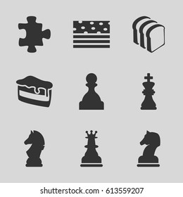 Piece icons set. set of 9 piece filled icons such as puzzle, piece of cake, bread slices, chess king, chess horse, horse chess