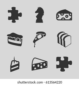 Piece icons set. set of 9 piece filled icons such as cheese, puzzle, piece of cake, pizza, bread slices