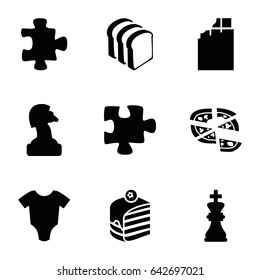 Piece icons set. set of 9 piece filled icons such as baby onesie, puzzle, piece of cake, pizza, bread slices, chess king, chess horse