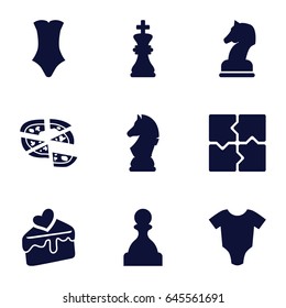 Piece icons set. set of 9 piece filled icons such as baby onesie, swimsuit, puzzle, pizza, cake slice, chess king, chess horse, horse chess