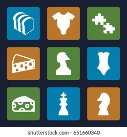 Piece icons set. set of 9 piece filled icons such as cheese, baby onesie, swimsuit, bread slices, chess king, chess horse