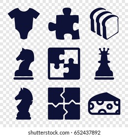 Piece icons set. set of 9 piece filled icons such as cheese, baby onesie, puzzle, bread slices, chess horse, horse chess