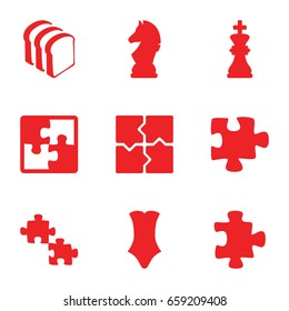 Piece icons set. set of 9 piece filled icons such as puzzle, swimsuit, bread slices, chess king