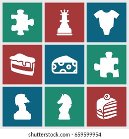 Piece icons set. set of 9 piece filled icons such as cheese, baby onesie, puzzle, piece of cake, chess horse