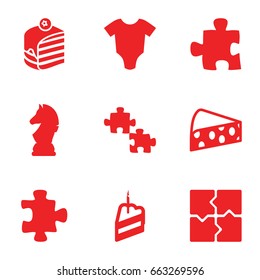 Piece icons set. set of 9 piece filled icons such as baby onesie, puzzle, piece of cake, cheese