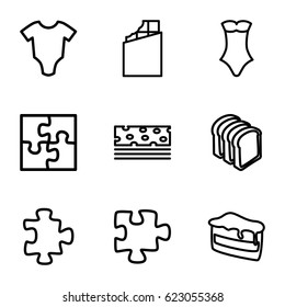 Piece icons set. set of 9 piece outline icons such as baby onesie, puzzle, swimsuit, piece of cake, bread slices