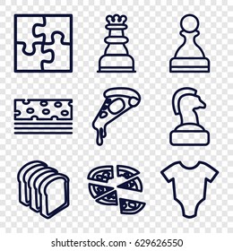 Piece icons set. set of 9 piece outline icons such as baby onesie, pizza, bread slices, puzzle, chess king, pawn, piece of cake