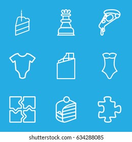 Piece icons set. set of 9 piece outline icons such as baby onesie, puzzle, swimsuit, pizza, piece of cake, chess king