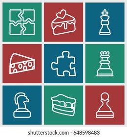 Piece icons set. set of 9 piece outline icons such as puzzle, piece of cake, cake slice, cheese, chess king, pawn