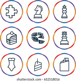 Piece icons set. set of 9 piece outline icons such as puzzle, swimsuit, piece of cake, pizza, horse chess, chess king