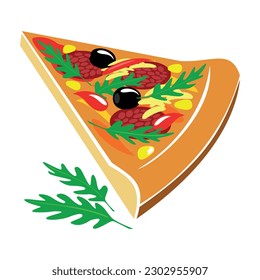 A piece of Italian pizza. Pizza with pepperoni and toppings. Delicious pizza - vector drawing, illustration for a pizzeria. Tasty Italian dish. Delicious food