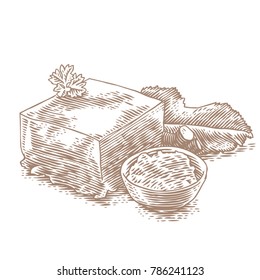 Piece of jellied meat with grated horseradish and fresh parsley and horseradish leaf