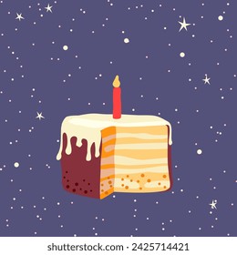Piece of layer cake with cream and candle for 1 year birthday for card, invitation and banner. Blue night sky background with stars. Vector illustration