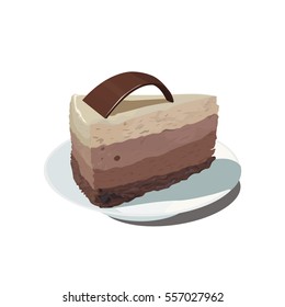 Piece of layered cheesecake with chocolate on a plate.