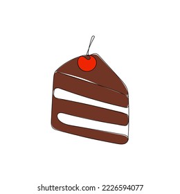 Un trozo de tarta de chocolate en capas con cereza. Ilustración vectorial de rebanada dibujada a mano.
