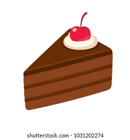 Piece of layered chocolate cake with maraschino cherry. Hand drawn cake slice isolated illustration.