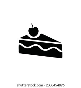 Piece of layered chocolate cake with maraschino cherry. Hand drawn cake slice isolated illustration.
