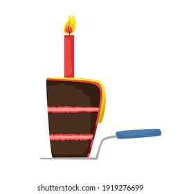 A piece of layered chocolate cake with pink filling and a burning candle. Cartoon style, vector isolated illustration EPS8