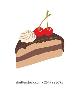 Um pedaço de bolo de chocolate em camadas é coberto com cerejas e creme contra um fundo transparente Este delicioso deleite é adequado para menus de sobremesa e ilustrações de alimentos.