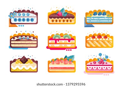 Piece of layered delicious cake set, cakes with various ingredients with fruits and berries on top vector Illustration on a white background